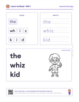 Free printable digraphs phonics worksheet: “the whiz kid” (UFLI lessons 42–53), kindergarten and 1st grade