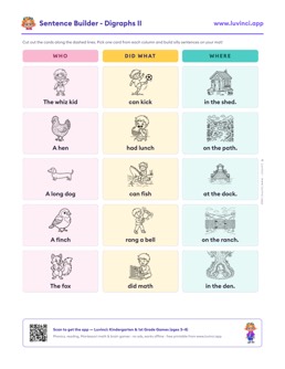 Free printable digraphs cut-out sentence building worksheet: “Sentence Builder - Digraphs II” (UFLI lessons 42–53), kindergarten and 1st grade