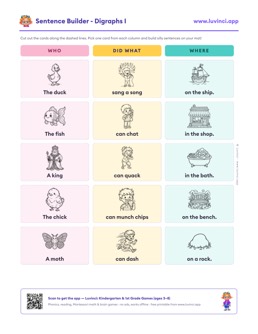 Free printable digraphs cut-out sentence building worksheet: “Sentence Builder - Digraphs I” (UFLI lessons 42–53), kindergarten and 1st grade