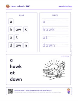 Free printable diphthongs phonics worksheet: “a hawk at dawn” (UFLI lessons 89–94), kindergarten and 1st grade