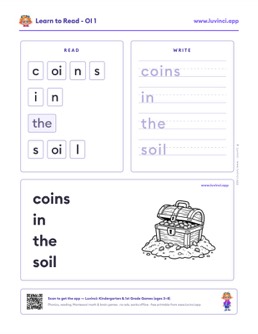 Free printable diphthongs phonics worksheet: “coins in the soil” (UFLI lessons 95–97), kindergarten and 1st grade
