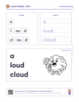 Free printable diphthongs phonics worksheet: “a loud cloud” (UFLI lessons 95–97), kindergarten and 1st grade