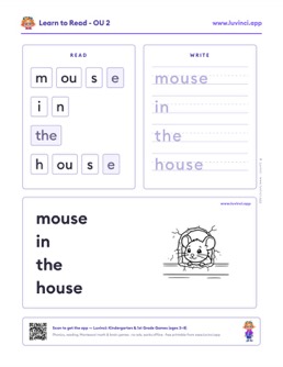 Free printable diphthongs phonics worksheet: “mouse in the house” (UFLI lessons 95–97), kindergarten and 1st grade
