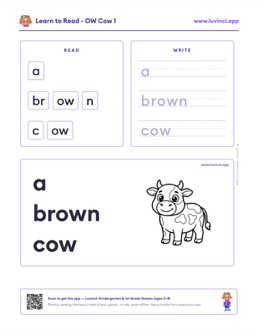 Free printable diphthongs phonics worksheet: “a brown cow” (UFLI lessons 95–97), kindergarten and 1st grade