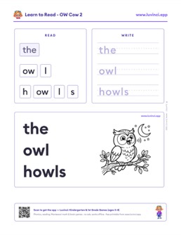 Free printable diphthongs phonics worksheet: “the owl howls” (UFLI lessons 95–97), kindergarten and 1st grade