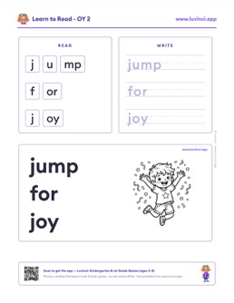 Free printable diphthongs phonics worksheet: “jump for joy” (UFLI lessons 95–97), kindergarten and 1st grade