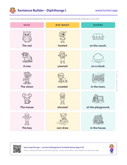 Free printable diphthongs cut-out sentence building worksheet: “Sentence Builder - Diphthongs I” (UFLI lessons 95–97), kindergarten and 1st grade