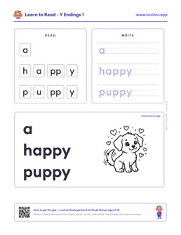 Free printable ending patterns phonics worksheet: “a happy puppy” (UFLI lessons 69–76), kindergarten and 1st grade
