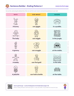 Free printable ending patterns cut-out sentence building worksheet: “Sentence Builder - Ending Patterns I” (UFLI lessons 69–76), kindergarten and 1st grade