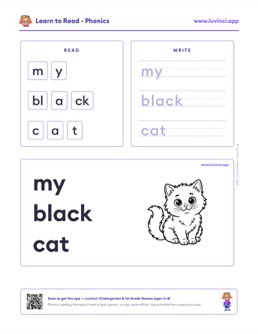 Free printable extra practice phonics worksheet: “My Black Cat” (UFLI lessons 42–53), kindergarten and 1st grade