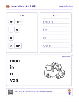 Free printable glued sounds phonics worksheet: “man in a van” (UFLI lessons 35–41), kindergarten and 1st grade