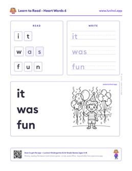 Free printable heart words phonics worksheet: “it was fun”, kindergarten and 1st grade