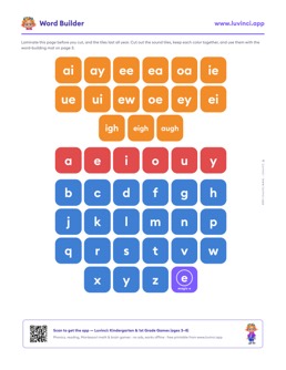 Free printable letter sounds letter tiles word-building kit: “Word Builder” (UFLI lessons 1–34), pre-K and kindergarten