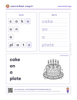 Free printable long vowels phonics worksheet: “cake on a plate” (UFLI lessons 54–62), kindergarten and 1st grade