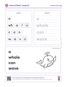 Free printable long vowels phonics worksheet: “a whale can wave” (UFLI lessons 54–62), kindergarten and 1st grade