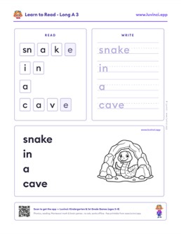 Free printable long vowels phonics worksheet: “snake in a cave” (UFLI lessons 54–62), kindergarten and 1st grade