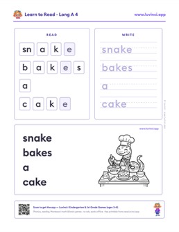 Free printable long vowels phonics worksheet: “snake bakes a cake” (UFLI lessons 54–62), kindergarten and 1st grade