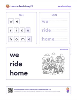 Free printable long vowels phonics worksheet: “we ride home” (UFLI lessons 54–62), kindergarten and 1st grade