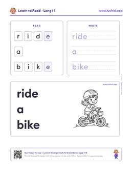 Free printable long vowels phonics worksheet: “ride a bike” (UFLI lessons 54–62), kindergarten and 1st grade
