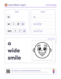 Free printable long vowels phonics worksheet: “a wide smile” (UFLI lessons 54–62), kindergarten and 1st grade