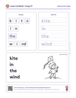 Free printable long vowels phonics worksheet: “kite in the wind” (UFLI lessons 54–62), kindergarten and 1st grade