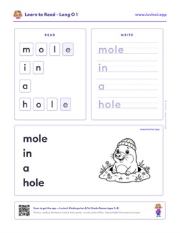 Free printable long vowels phonics worksheet: “mole in a hole” (UFLI lessons 54–62), kindergarten and 1st grade