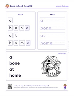 Free printable long vowels phonics worksheet: “a bone at home” (UFLI lessons 54–62), kindergarten and 1st grade
