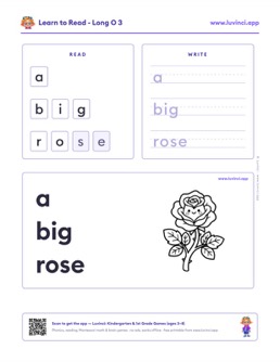 Free printable long vowels phonics worksheet: “a big rose” (UFLI lessons 54–62), kindergarten and 1st grade