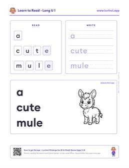 Free printable long vowels phonics worksheet: “a cute mule” (UFLI lessons 54–62), kindergarten and 1st grade