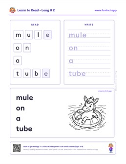 Free printable long vowels phonics worksheet: “mule on a tube” (UFLI lessons 54–62), kindergarten and 1st grade