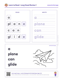 Free printable long vowels phonics worksheet: “a plane can glide” (UFLI lessons 54–62), kindergarten and 1st grade