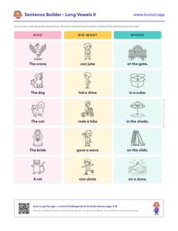 Free printable long vowels cut-out sentence building worksheet: “Sentence Builder - Long Vowels II” (UFLI lessons 54–62), kindergarten and 1st grade