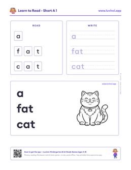 Free printable short vowels phonics worksheet: “a fat cat” (UFLI lessons 35–41), kindergarten and 1st grade