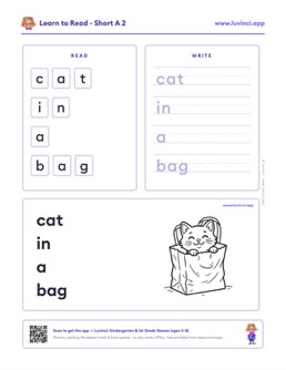 Free printable short vowels phonics worksheet: “cat in a bag” (UFLI lessons 35–41), kindergarten and 1st grade