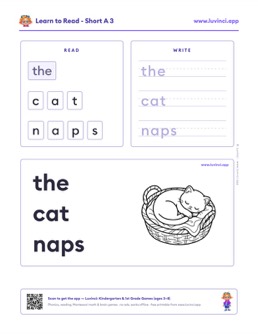 Free printable short vowels phonics worksheet: “the cat naps” (UFLI lessons 35–41), kindergarten and 1st grade