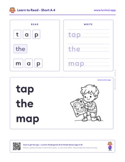 Free printable short vowels phonics worksheet: “tap the map” (UFLI lessons 35–41), kindergarten and 1st grade