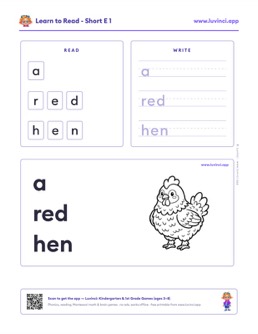 Free printable short vowels phonics worksheet: “a red hen” (UFLI lessons 35–41), kindergarten and 1st grade