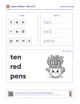 Free printable short vowels phonics worksheet: “ten red pens” (UFLI lessons 35–41), kindergarten and 1st grade