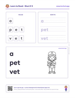 Free printable short vowels phonics worksheet: “a pet vet” (UFLI lessons 35–41), kindergarten and 1st grade