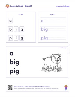 Free printable short vowels phonics worksheet: “a big pig” (UFLI lessons 35–41), kindergarten and 1st grade