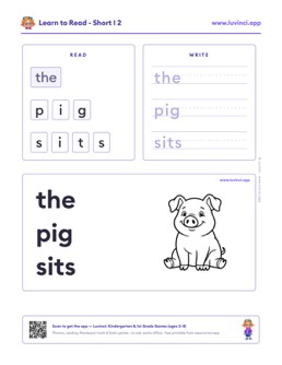 Free printable short vowels phonics worksheet: “the pig sits” (UFLI lessons 35–41), kindergarten and 1st grade