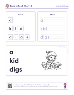 Free printable short vowels phonics worksheet: “a kid digs” (UFLI lessons 35–41), kindergarten and 1st grade