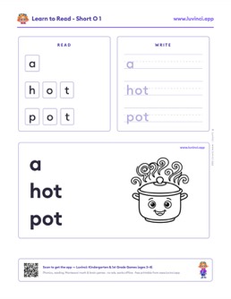 Free printable short vowels phonics worksheet: “a hot pot” (UFLI lessons 35–41), kindergarten and 1st grade
