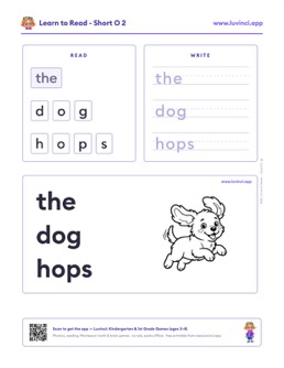 Free printable short vowels phonics worksheet: “the dog hops” (UFLI lessons 35–41), kindergarten and 1st grade