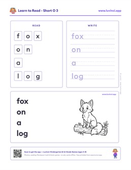 Free printable short vowels phonics worksheet: “fox on a log” (UFLI lessons 35–41), kindergarten and 1st grade