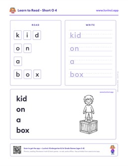 Free printable short vowels phonics worksheet: “kid on a box” (UFLI lessons 35–41), kindergarten and 1st grade
