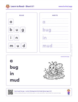 Free printable short vowels phonics worksheet: “a bug in mud” (UFLI lessons 35–41), kindergarten and 1st grade
