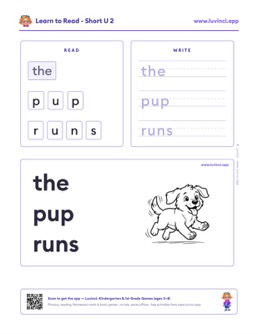 Free printable short vowels phonics worksheet: “the pup runs” (UFLI lessons 35–41), kindergarten and 1st grade