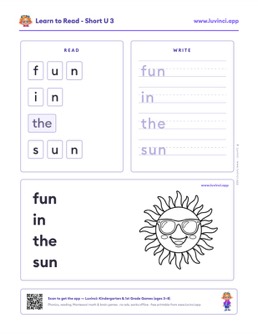 Free printable short vowels phonics worksheet: “fun in the sun” (UFLI lessons 35–41), kindergarten and 1st grade