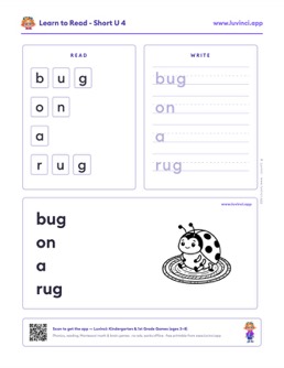 Free printable short vowels phonics worksheet: “bug on a rug” (UFLI lessons 35–41), kindergarten and 1st grade